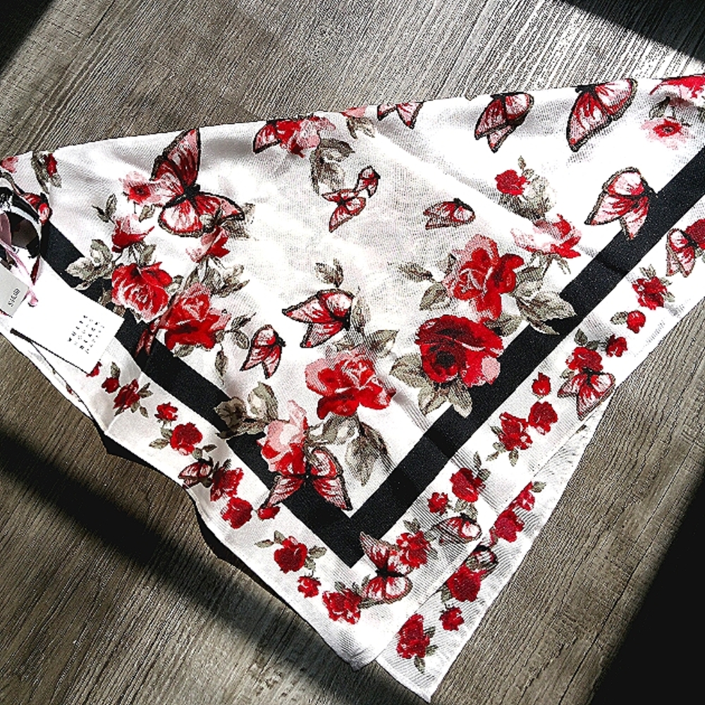 Butterfly and flowered scarf White House Black Market. New 20" square. All Silk.